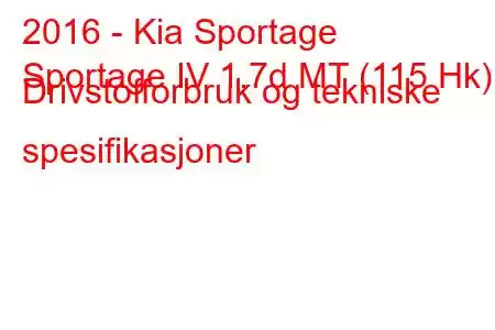 2016 - Kia Sportage
Sportage IV 1.7d MT (115 Hk) Drivstofforbruk og tekniske spesifikasjoner