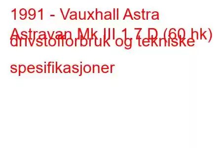 1991 - Vauxhall Astra
Astravan Mk III 1.7 D (60 hk) drivstofforbruk og tekniske spesifikasjoner