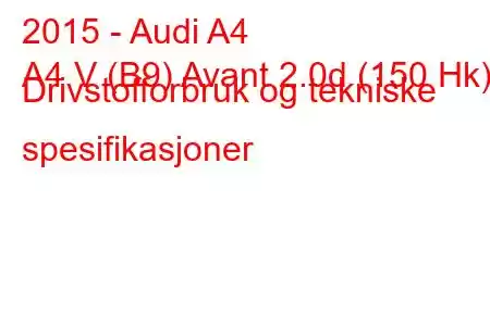 2015 - Audi A4
A4 V (B9) Avant 2.0d (150 Hk) Drivstofforbruk og tekniske spesifikasjoner