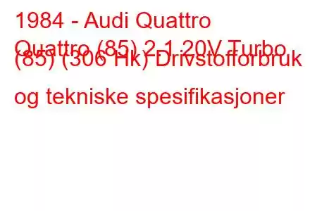 1984 - Audi Quattro
Quattro (85) 2.1 20V Turbo (85) (306 Hk) Drivstofforbruk og tekniske spesifikasjoner