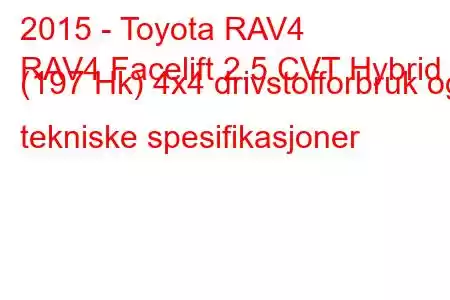 2015 - Toyota RAV4
RAV4 Facelift 2.5 CVT Hybrid (197 Hk) 4x4 drivstofforbruk og tekniske spesifikasjoner