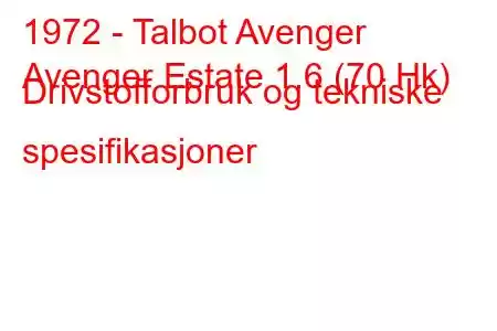 1972 - Talbot Avenger
Avenger Estate 1.6 (70 Hk) Drivstofforbruk og tekniske spesifikasjoner