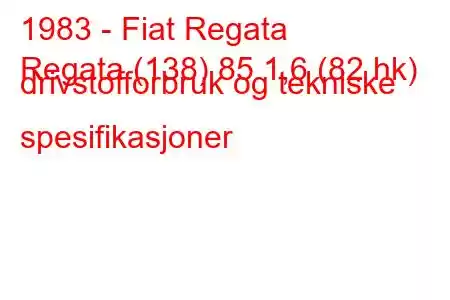 1983 - Fiat Regata
Regata (138) 85 1,6 (82 hk) drivstofforbruk og tekniske spesifikasjoner