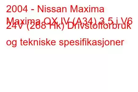 2004 - Nissan Maxima
Maxima QX IV (A34) 3,5 i V6 24V (268 Hk) Drivstofforbruk og tekniske spesifikasjoner