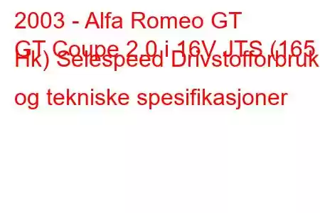 2003 - Alfa Romeo GT
GT Coupe 2.0 i 16V JTS (165 Hk) Selespeed Drivstofforbruk og tekniske spesifikasjoner