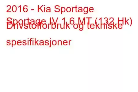 2016 - Kia Sportage
Sportage IV 1.6 MT (132 Hk) Drivstofforbruk og tekniske spesifikasjoner