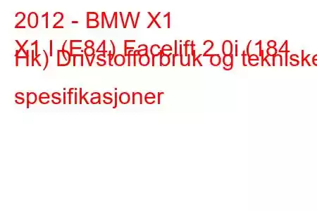 2012 - BMW X1
X1 I (E84) Facelift 2.0i (184 Hk) Drivstofforbruk og tekniske spesifikasjoner