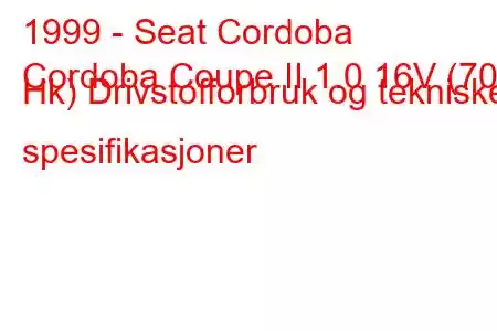 1999 - Seat Cordoba
Cordoba Coupe II 1.0 16V (70 Hk) Drivstofforbruk og tekniske spesifikasjoner