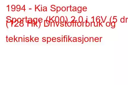 1994 - Kia Sportage
Sportage (K00) 2.0 i 16V (5 dr) (128 Hk) Drivstofforbruk og tekniske spesifikasjoner