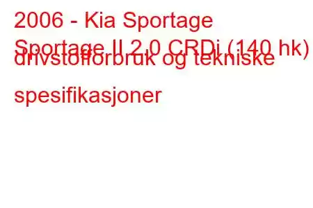 2006 - Kia Sportage
Sportage II 2.0 CRDi (140 hk) drivstofforbruk og tekniske spesifikasjoner