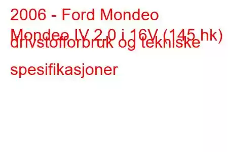 2006 - Ford Mondeo
Mondeo IV 2.0 i 16V (145 hk) drivstofforbruk og tekniske spesifikasjoner