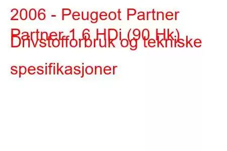 2006 - Peugeot Partner
Partner 1.6 HDi (90 Hk) Drivstofforbruk og tekniske spesifikasjoner