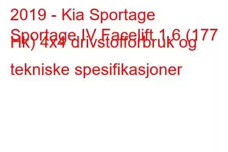 2019 - Kia Sportage
Sportage IV Facelift 1.6 (177 Hk) 4x4 drivstofforbruk og tekniske spesifikasjoner