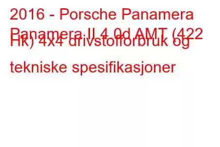 2016 - Porsche Panamera
Panamera II 4.0d AMT (422 Hk) 4x4 drivstofforbruk og tekniske spesifikasjoner