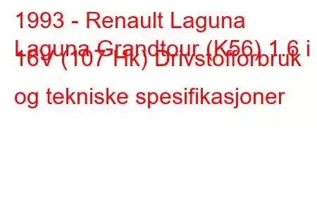 1993 - Renault Laguna
Laguna Grandtour (K56) 1.6 i 16V (107 Hk) Drivstofforbruk og tekniske spesifikasjoner