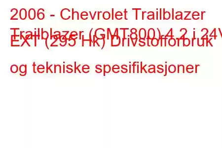 2006 - Chevrolet Trailblazer
Trailblazer (GMT800) 4.2 i 24V EXT (295 Hk) Drivstofforbruk og tekniske spesifikasjoner