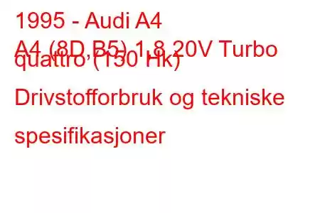 1995 - Audi A4
A4 (8D,B5) 1,8 20V Turbo quattro (150 Hk) Drivstofforbruk og tekniske spesifikasjoner