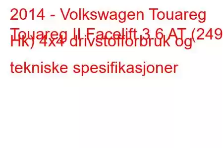 2014 - Volkswagen Touareg
Touareg II Facelift 3.6 AT (249 Hk) 4x4 drivstofforbruk og tekniske spesifikasjoner