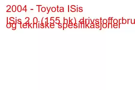 2004 - Toyota ISis
ISis 2.0 (155 hk) drivstofforbruk og tekniske spesifikasjoner