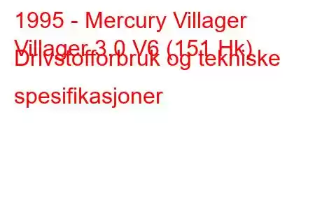 1995 - Mercury Villager
Villager 3.0 V6 (151 Hk) Drivstofforbruk og tekniske spesifikasjoner