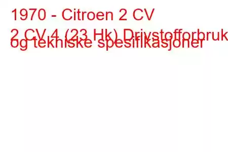 1970 - Citroen 2 CV
2 CV 4 (23 Hk) Drivstofforbruk og tekniske spesifikasjoner