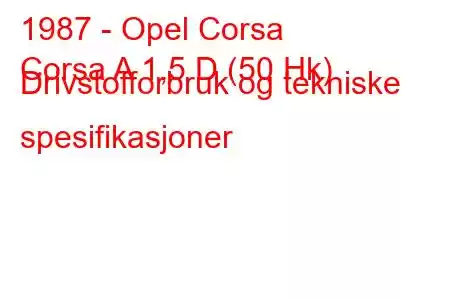 1987 - Opel Corsa
Corsa A 1,5 D (50 Hk) Drivstofforbruk og tekniske spesifikasjoner