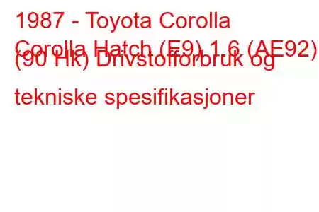 1987 - Toyota Corolla
Corolla Hatch (E9) 1.6 (AE92) (90 Hk) Drivstofforbruk og tekniske spesifikasjoner