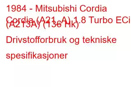 1984 - Mitsubishi Cordia
Cordia (A21_A) 1.8 Turbo ECi (A213A) (136 Hk) Drivstofforbruk og tekniske spesifikasjoner