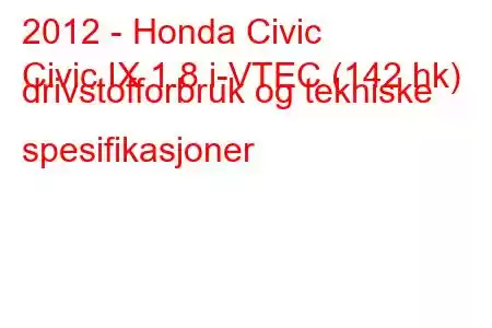 2012 - Honda Civic
Civic IX 1.8 i-VTEC (142 hk) drivstofforbruk og tekniske spesifikasjoner