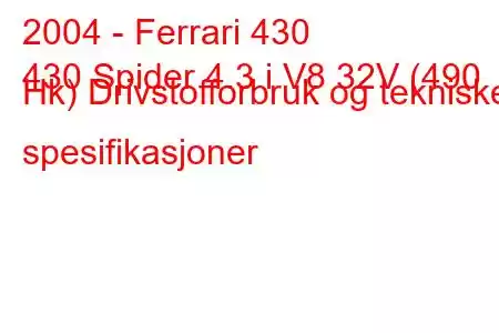 2004 - Ferrari 430
430 Spider 4.3 i V8 32V (490 Hk) Drivstofforbruk og tekniske spesifikasjoner