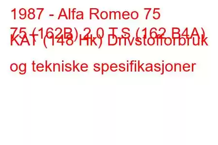 1987 - Alfa Romeo 75
75 (162B) 2.0 T.S (162.B4A) KAT (148 Hk) Drivstofforbruk og tekniske spesifikasjoner