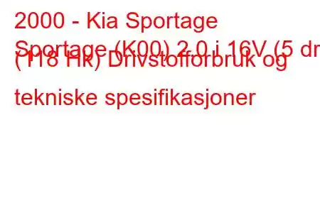 2000 - Kia Sportage
Sportage (K00) 2.0 i 16V (5 dr) (118 Hk) Drivstofforbruk og tekniske spesifikasjoner