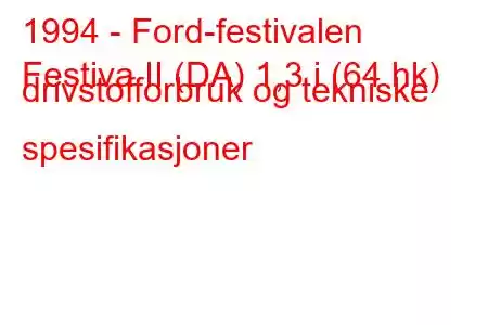 1994 - Ford-festivalen
Festiva II (DA) 1,3 i (64 hk) drivstofforbruk og tekniske spesifikasjoner