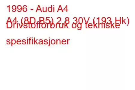 1996 - Audi A4
A4 (8D,B5) 2,8 30V (193 Hk) Drivstofforbruk og tekniske spesifikasjoner