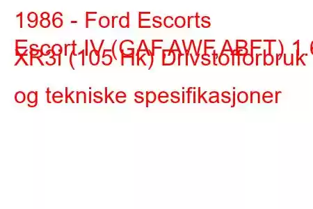 1986 - Ford Escorts
Escort IV (GAF,AWF,ABFT) 1.6 XR3i (105 Hk) Drivstofforbruk og tekniske spesifikasjoner