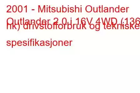 2001 - Mitsubishi Outlander
Outlander 2.0 i 16V 4WD (136 hk) drivstofforbruk og tekniske spesifikasjoner