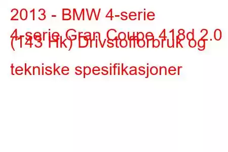 2013 - BMW 4-serie
4-serie Gran Coupe 418d 2.0 (143 Hk) Drivstofforbruk og tekniske spesifikasjoner