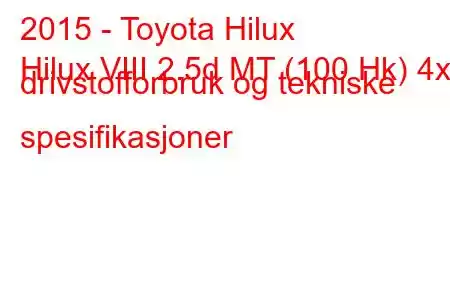 2015 - Toyota Hilux
Hilux VIII 2.5d MT (100 Hk) 4x4 drivstofforbruk og tekniske spesifikasjoner