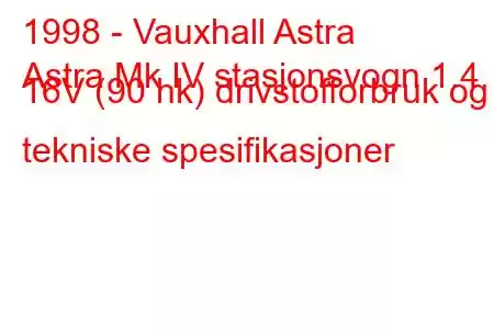 1998 - Vauxhall Astra
Astra Mk IV stasjonsvogn 1.4 16V (90 hk) drivstofforbruk og tekniske spesifikasjoner