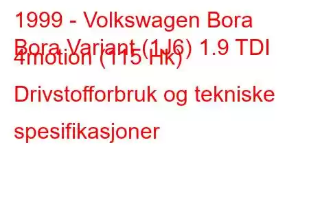 1999 - Volkswagen Bora
Bora Variant (1J6) 1.9 TDI 4motion (115 Hk) Drivstofforbruk og tekniske spesifikasjoner