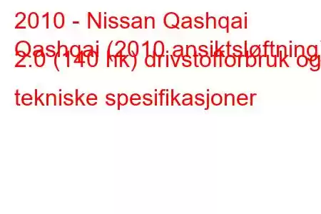 2010 - Nissan Qashqai
Qashqai (2010 ansiktsløftning) 2.0 (140 hk) drivstofforbruk og tekniske spesifikasjoner