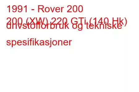 1991 - Rover 200
200 (XW) 220 GTi (140 Hk) drivstofforbruk og tekniske spesifikasjoner