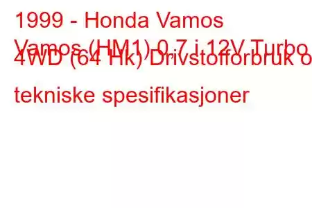 1999 - Honda Vamos
Vamos (HM1) 0,7 i 12V Turbo 4WD (64 Hk) Drivstofforbruk og tekniske spesifikasjoner