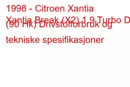 1998 - Citroen Xantia
Xantia Break (X2) 1.9 Turbo D (90 Hk) Drivstofforbruk og tekniske spesifikasjoner