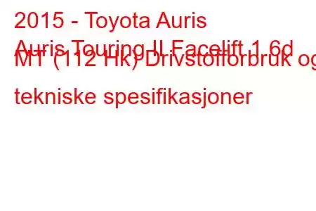 2015 - Toyota Auris
Auris Touring II Facelift 1.6d MT (112 Hk) Drivstofforbruk og tekniske spesifikasjoner