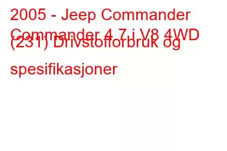 2005 - Jeep Commander
Commander 4.7 i V8 4WD (231) Drivstofforbruk og spesifikasjoner