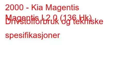 2000 - Kia Magentis
Magentis I 2.0 (136 Hk) Drivstofforbruk og tekniske spesifikasjoner