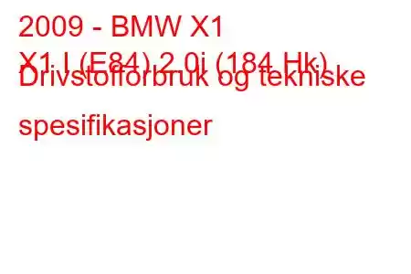 2009 - BMW X1
X1 I (E84) 2.0i (184 Hk) Drivstofforbruk og tekniske spesifikasjoner