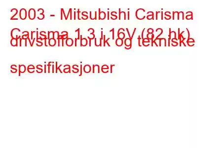 2003 - Mitsubishi Carisma
Carisma 1.3 i 16V (82 hk) drivstofforbruk og tekniske spesifikasjoner