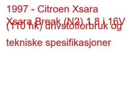 1997 - Citroen Xsara
Xsara Break (N2) 1,8 i 16V (110 hk) drivstofforbruk og tekniske spesifikasjoner